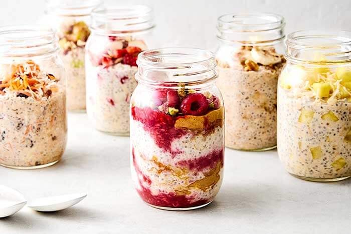 Mixed overnight oats in a jar.
